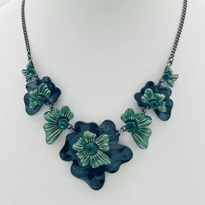 Statement Necklace Green Black Floral Resin Bib Collar Modern Y2K Style - Picture 1 of 6
