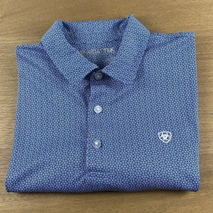 Ariat Tek Polo Shirt Mens Medium Blue Star Abstract AOP Geo Performance Stretch - Picture 1 of 8