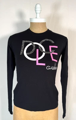 VTG 90s Dolce and Gabbana Black Stretch Sweater Shirt Logo Print Blouse Sz M - Изображение 1 из 4