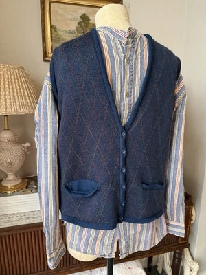 Mens Vintage 70s Jaeger Pure Wool Waistcoat Knitted Pullover Navy Sleeveless - Image 1 of 4