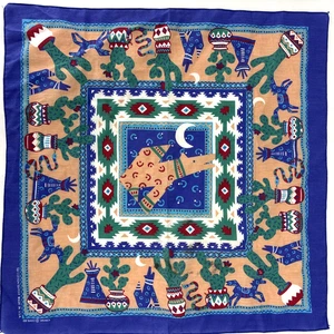 Bandana vintage Southwest blu cotone 21" Howling Coyote Moon Cactus Teepee USA - Foto 1 di 6