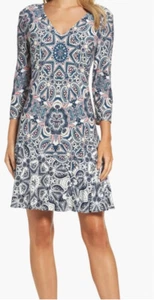 Women's Eliza J A-line Mini Dress Size Blue Pink Paisley Print Petite Size 12 - Picture 1 of 9