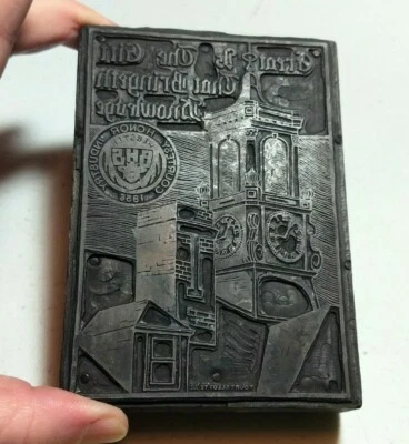 Vintage Letterpress Printing Block Webster BHS High School Clock Tower Building - Image 1 of 4