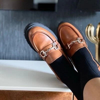 Mocassini College Donna Pelle Cuoio Morsetto Suola Alta Made in italy Loafer