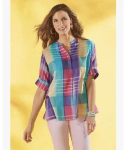 Soft Surroundings Painted Painterly Plaid Semi Sheer Top Oversized S Artsy - Picture 1 of 5