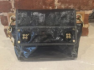 Milly of NY Navy Blue and Tan patent leather shoulder bag w/ Acrylic chain strap - Picture 1 of 13