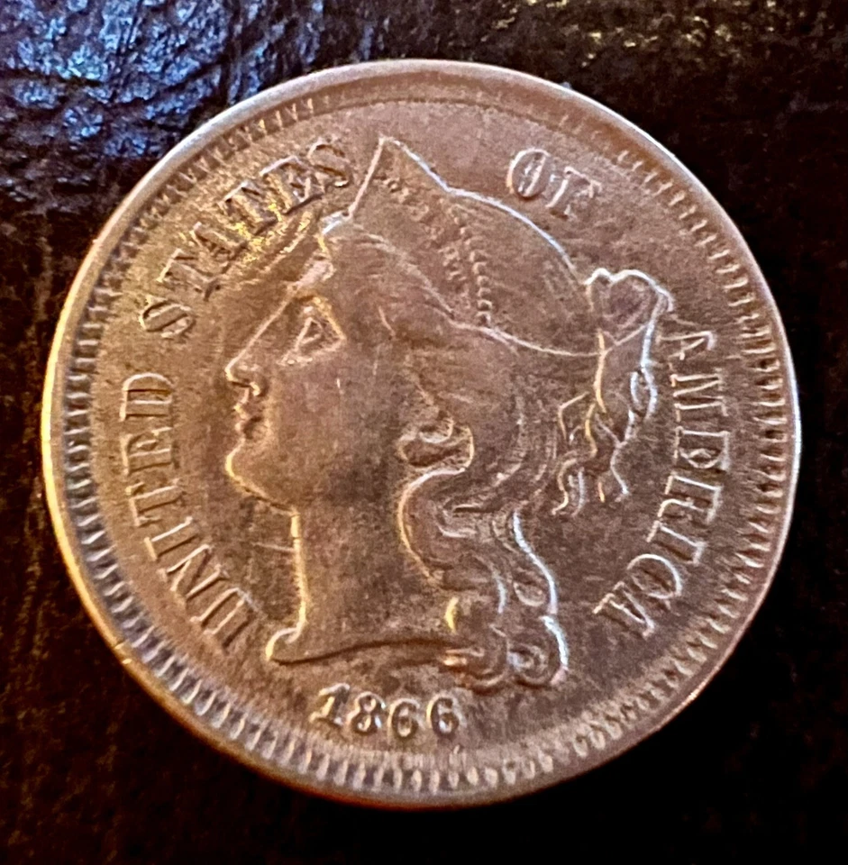 1866 3c Nickel Rev Die Clash Cud Error Civil War Era, MS AU+++ - Image 1 of 4