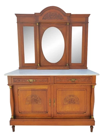 Vintage French Oak Marble Top Dresser Chest with Swing Side Mirrors Circa 1920's Cover