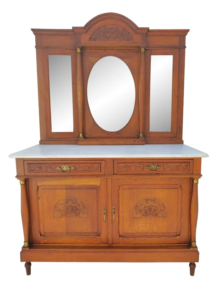 Cómoda vintage de mármol de roble francés con espejos laterales oscilantes alrededor de 1920 Foto 1 de 4