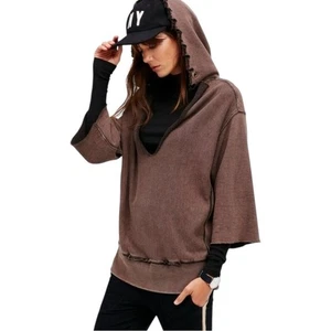Free People Oversized Distressed Bohemian Hoodie Sweatshirt in Brown Size Small - Picture 1 of 7