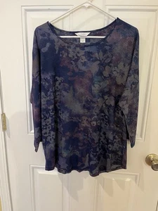 CJ Banks Top Navy Blue and Purple muted floral 3/4 Sleeve Rounded Neck Plus X/1X - Picture 1 of 4