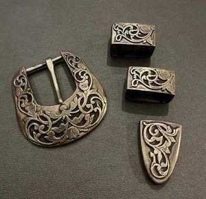 Juego de 4 hebillas de cinturón Heartline Santa Fe vintage de plata esterlina rosas - Imagen 1 de 7