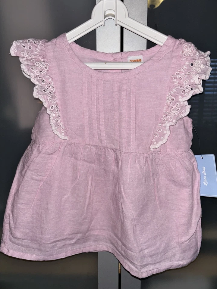 NUEVO CON ETIQUETAS Gymboree 3T Rosa Volantes Manga Corta Lino Top Blusa Camisa Blanco Ojales Foto 1 de 4