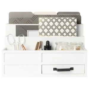 White Desktop Organizer with Drawer – Paper Wood Bill & Mail Organizer for Of... - Picture 1 of 6