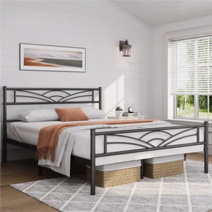 Queen Size Black Metal Bed Frame Cloud-Inspired Headboard and Under-Bed Storage - Picture 1 of 12