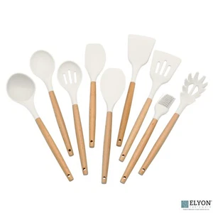 9 Piece White Colored Silicone Kitchen Utensils Set with Wooden Handles - Picture 1 of 2