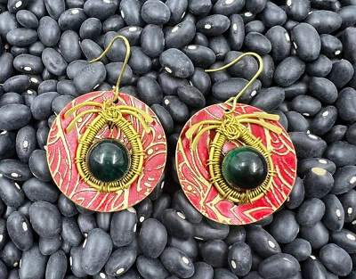 Nickel Free - Round Red Electroplated Brass Earring with Green Cabochon Gemstone - Image 1 of 4