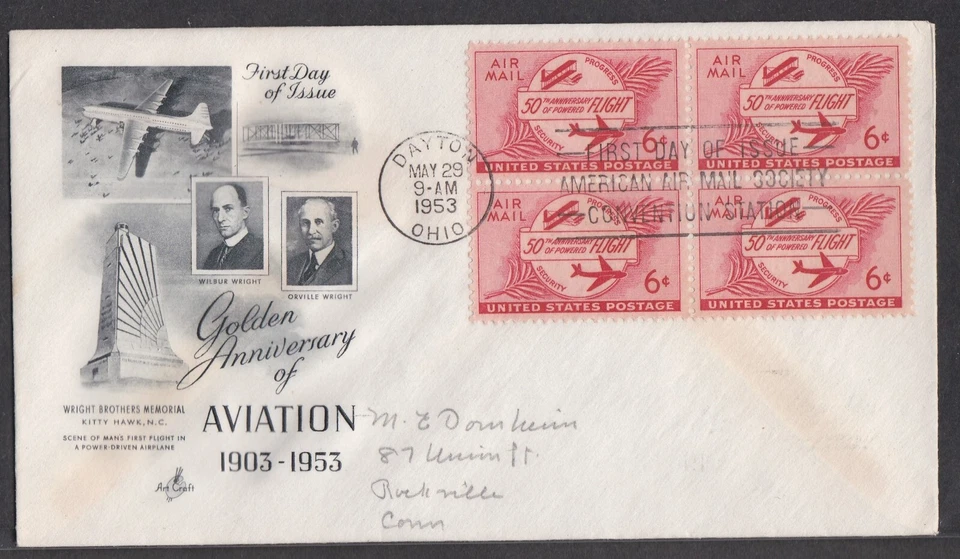USA 1953 FIRST DAY COVER AIR MAIL GOLDEN ANNIV OF AVIATION IN BLOCK OF 4 CACHET - Image 1 of 1
