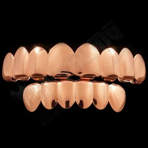18K Rose Gold Plated STAINLESS STEEL Hip Hop GRILLZ 8 Top 6 Bottom Tooth Grill - Picture 1 of 5