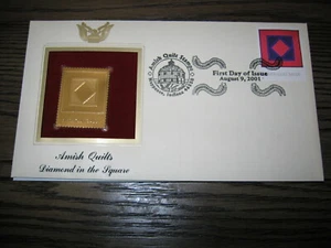 2001 Amish Quilts Diamond in the Square Replica 22kt Gold Golden Cover Stamp - Picture 1 of 3