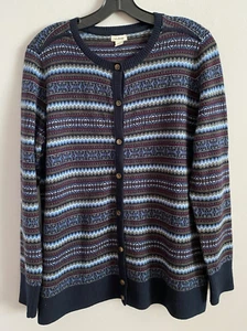 LL Bean Nordic Fair Isle Cardigan Sweater Navy Blue Cotton Cashmere Size L Reg - Picture 1 of 4