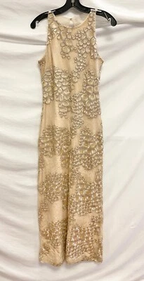 Belle BADGLEY MISCHKA Gold Nude Mesh Floral Sequin Embroidered Maxi Gown 4 US - Image 1 of 4