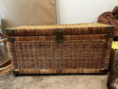 Antique Wicker Trunk/Chest  With Brass Hardware Cover