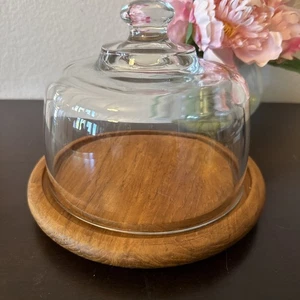Vintage Genuine Teak Wood Dessert Cheese Board Tray & 6"D Glass Dome Cloche Lid - Picture 1 of 9