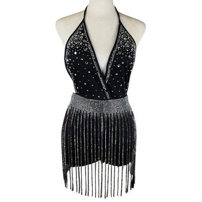Mameluco halter Banjul negro con flecos de estrás talla S brillante festival ropa de club Foto 1 de 4