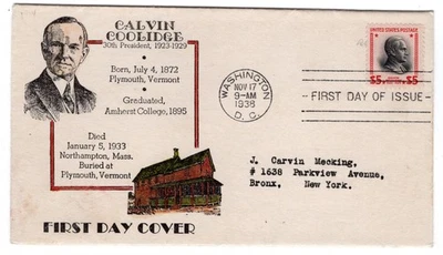 #834 Presidential Series $5 Calvin Coolidge 1938 FDC - #36 Reid Hand-colored - Image 1 of 2