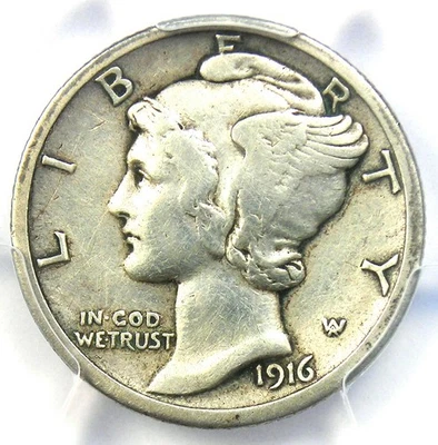 1916-D Mercury Dime 10C Coin - Certified PCGS VF Details - Rare Key Date!