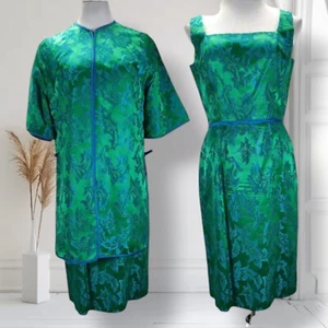 Vintage 60s Lilli Diamond Cocktail Jacket Dress Size M Green Brocade Asian Inspo - Picture 1 of 22