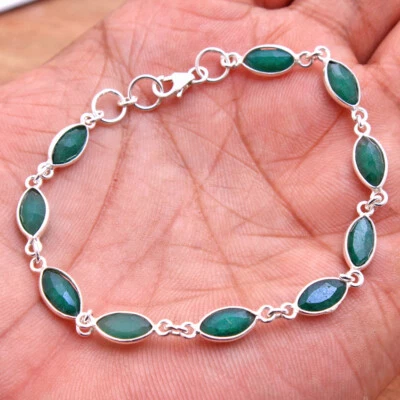 Brazalete sólido de 8" creado en laboratorio con piedras preciosas de esmeralda 925 joyería de plata esterlina Foto 1 de 2