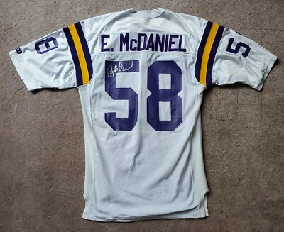 Camiseta de fútbol americano vintage de los Minnesota Vikings #58 Ed McDaniel autografiada juego usada Foto 1 de 4