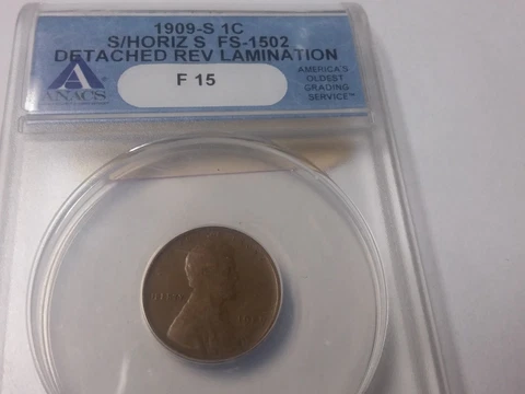 Rare USA 1909 S/horiz S 1 Cent Lamination Error-ANACS F 15 Cover