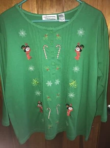 SHENANIGANS Xmas t Shirt top 3/4 Slv green embroidered Holiday sz 1x cotton ugly - Picture 1 of 5