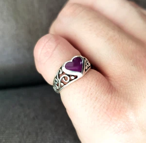 Vintage Sterling Silver Purple Inlay Heart Ring Size 4.75 Womens Artisan Love - Picture 1 of 8