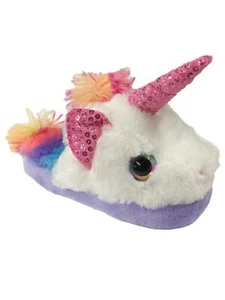 Girls Plush White Rainbow Unicorn Slippers Open Back Scuffs House Shoes - Picture 1 of 1