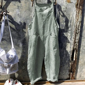 Women Striped Dungarees Jumpsuit Playsuit Casual Overalls Baggy Romper Pants US - Picture 1 of 15
