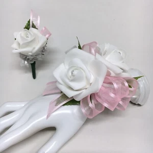 Double White Rose on Pink Wrist Corsage & Boutonniere Combo - Picture 1 of 1