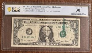 $1 1977A FEDERAL RESERVE NOTE RICHMOND PCGS 30 FR# 1910-E MORTON MILLER - Picture 1 of 2