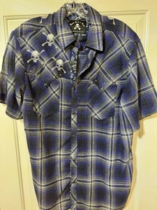 Rock Roll N Soul Shirt Plad Snap Button Short Sleeve Blue Black L Large Skull - Picture 1 of 7