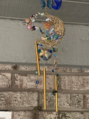 Kirks Folly “Pipe Dream” Fairy on Moon Wind Chime – Goldtone, 14″, Rare - Image 1 of 4