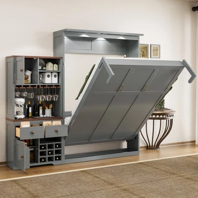 Cama Murphy tamaño queen cama de pared escondida de madera con gabinete de almacenamiento LED estante para vino Foto 1 de 4