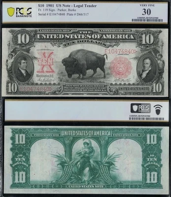SC 1901 $10 Fr.119 Bisonte Legal Tender Sello Rojo ¡Gran atractivo visual! PCGS 30 (840) Foto 1 de 4
