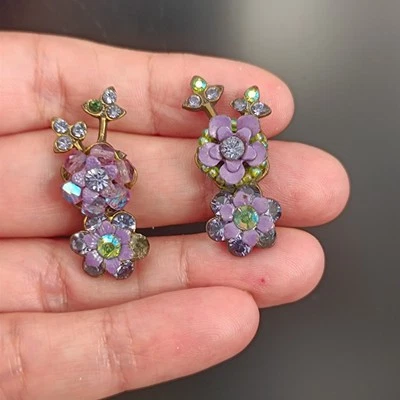 Michal Negrin Floral Clip Earrings Purple Green Crystal AB Vintage Revival VTG - Image 1 of 4