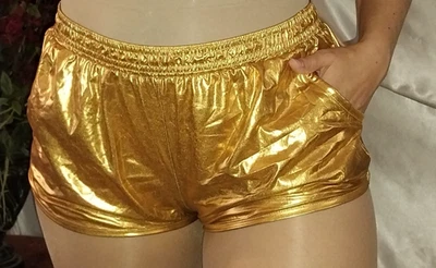 VTG SATIN SHINY LIQUID FOIL GOLD SELFIE SPACEAGE SHORTS POCKETS REFLECTIVE XXL - Image 1 of 4