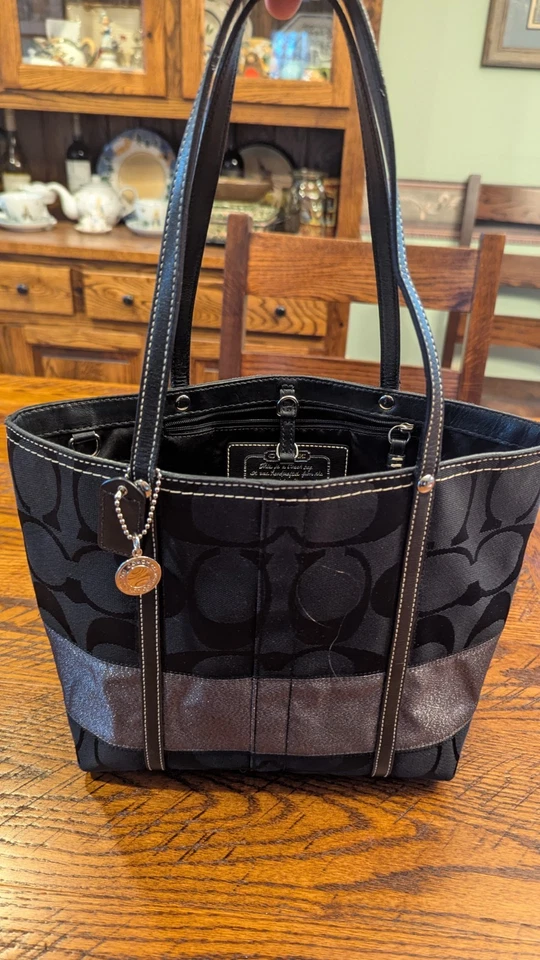 Genuine Coach Legacy Tote Signature Stripe Black Silver Leather Straps Perfect! - Image 1 of 4