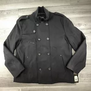 NWT Guess Mens Double Breasted Pea Coat Zip Up & Button Up Wool Black Size 2XL - Picture 1 of 22