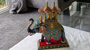 Vintage Large 12" Indian Rajastani Meenakari Enameled Metal Elephant Ornament - Picture 1 of 12